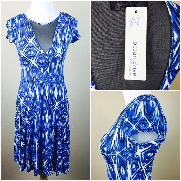 OCEAN DRIVE NWT Blue Mesh Plunge A-Line Dress Juniors SMALL Bold Fitted Cute - Picture 2 of 7